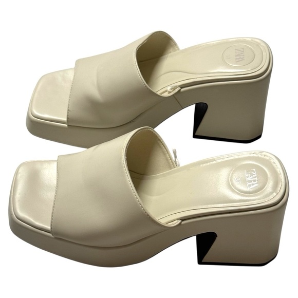 Zara Chunky Mule Heeled Platform Sandals Square Toe Cream EU 37 - Picture 3 of 8